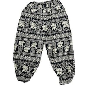 Elephant Harem Pants Phone‎ Pocket Elastic Drawstring Waist Black Cream XL Boho